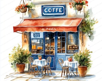 イタリアンカフェの水彩画クリップアート：ストリートシーンアート
