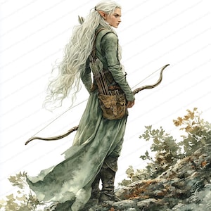 May include: An illustration of an elf with long, flowing white hair, wearing a green tunic and boots, and carrying a bow and quiver of arrows. The elf is standing on a rocky surface with foliage, looking off to the side.