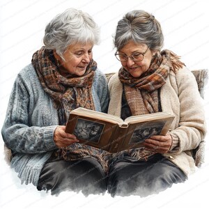 May include: Two women wearing scarves and sweaters are sitting together and looking at a photo album. The album is open and shows black and white photos.