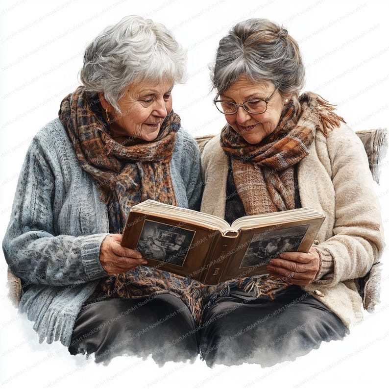 May include: Two women wearing scarves and sweaters are sitting together and looking at a photo album. The album is open and shows black and white photos.