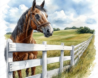 Aquarel paard clipart: rustieke witte omheining landkunst (digitale jpg download)