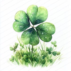 Rosée du matin trèfle 20 Clipart | trèfle à quatre feuilles avec rosée | Clipart aquarelle imprimable | JPG de haute qualité | Créations artisanales en papier | Journal indésirable