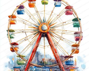 20 Ferris Wheel Clipart Collection | Whimsical Carnival Designs | Printable Watercolor clipart | High Quality JPGs | Paper craft | journal