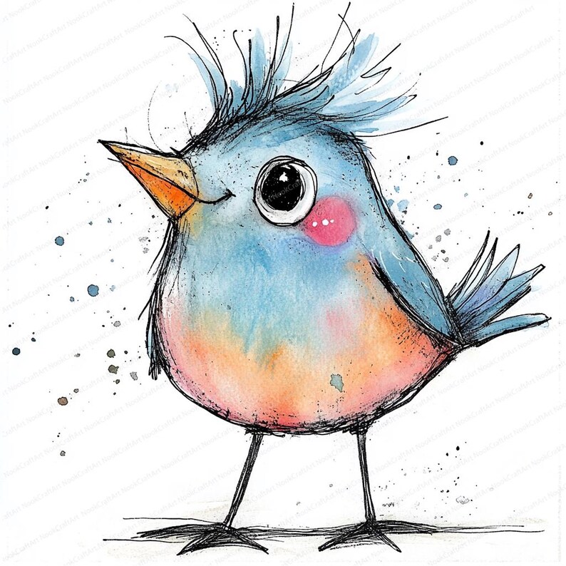 Puede incluir: Ilustraci&oacute;n acuarela de un p&aacute;jaro azul caprichoso con una cresta. El p&aacute;jaro tiene un ojo grande y expresivo, una mejilla rosada y un pico naranja. Su vientre es una mezcla de naranja y rosa, y se para sobre delgadas patas negras.