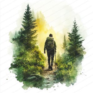 21 Clipart aventure en forêt pour routards | Illustration de randonnée nature verte | Clipart aquarelle imprimable | JPG de haute qualité | Créations en papier