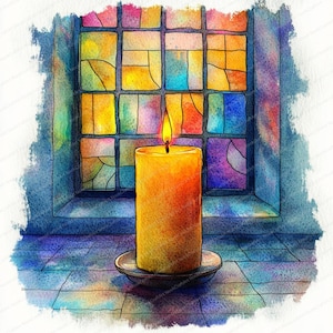 16 Clipart de fenêtre d'église aux chandelles | Illustration Sérénité Vitrail | Clipart aquarelle imprimable | JPG de haute qualité | Journal indésirable