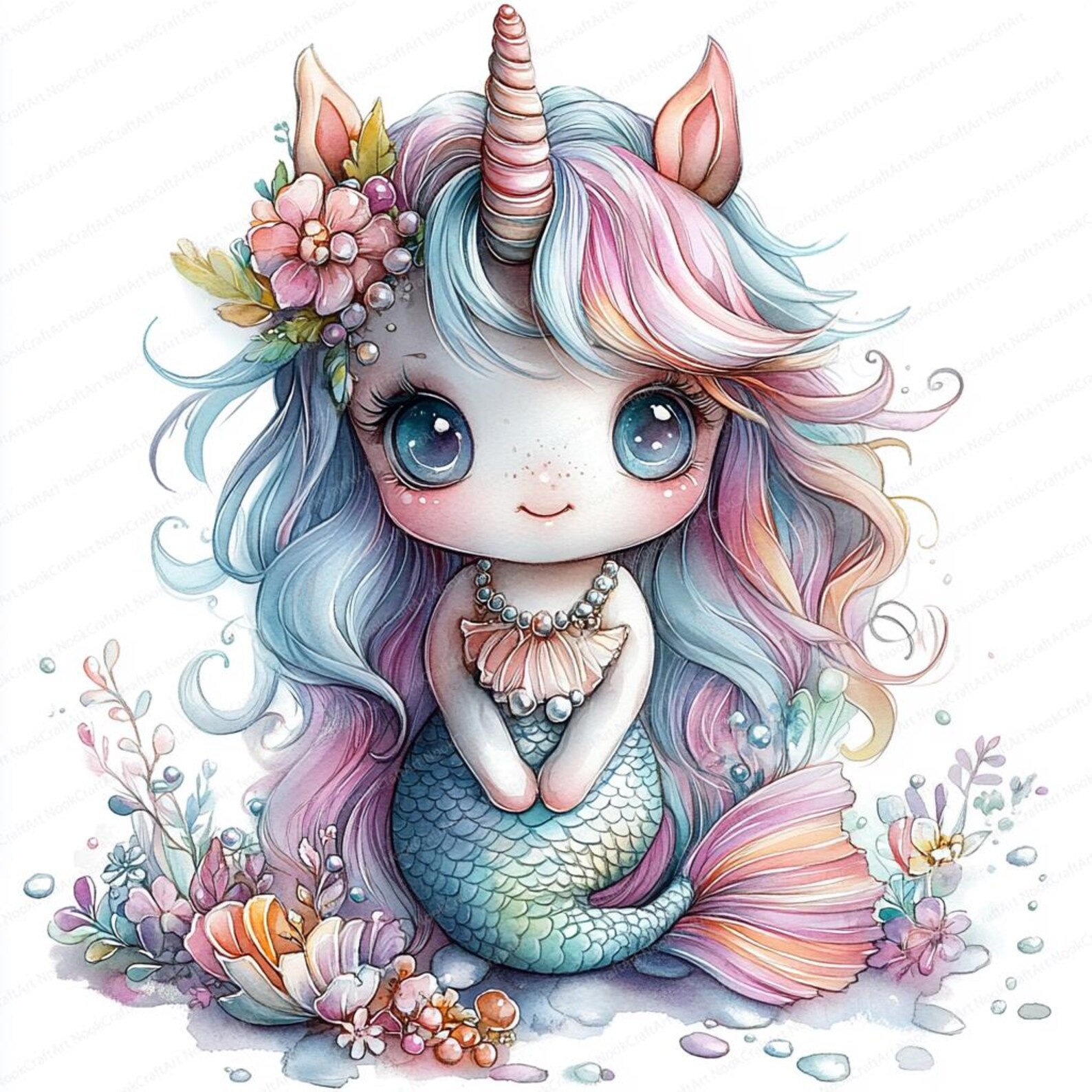 12 Mermaid Unicorn Clipart | Rainbow Clip Art | Printable Watercolor ...