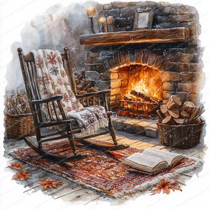 May include: A watercolour painting depicting a cosy fireplace setting. A wooden rocking chair with a snowflake blanket is on a patterned rug. An open book rests on the rug. A roaring fire, candles, and baskets of firewood complete the warm scene.