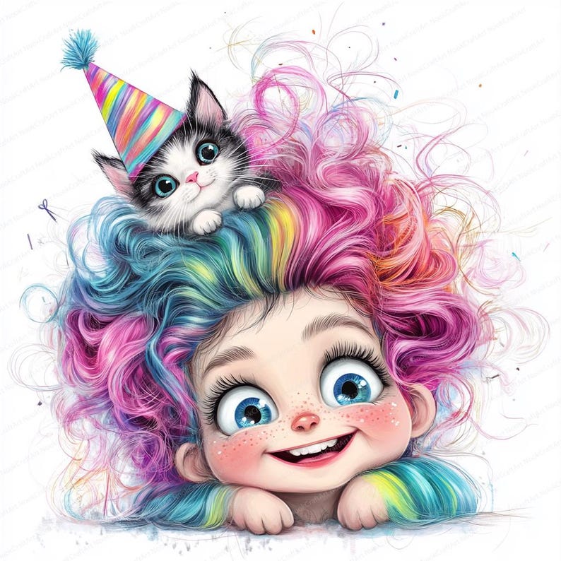 May include: A girl with rainbow hair and a cat wearing a party hat. The girl is smiling and looking at the viewer. The cat is sitting on top of the girl's head.