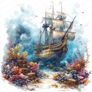 23 Clipart gezonken schatschip | Graphics onderwateravontuur | Afdrukbare aquarel clipart | Hoge kwaliteit JPG's | Papierkunst | dagboek