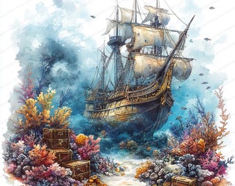 23 Sunken Treasure Ship Clipart | Underwater Adventure Graphics | Printable Watercolor clipart | High Quality JPGs | Paper craft | journal