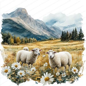 20 pecore al pascolo nei prati in fiore Clipart / Illustrazione di un pascolo di montagna panoramico / Clipart acquerello stampabile / Lavoretto di carta / Diario
