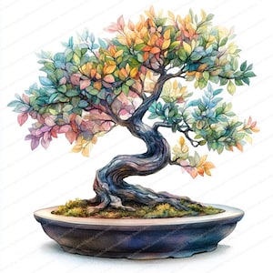 Puede incluir: Pintura a la acuarela de un bonsái en una maceta de cerámica azul oscuro. El tronco del árbol es de color marrón oscuro y retorcido, con hojas coloridas en tonos verdes, amarillos, naranjas y rosas. La maceta está llena de musgo verde.