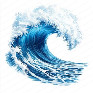 May include: A large, blue wave crashing with white foam. The wave is breaking and curling over itself, creating a dramatic and powerful image.