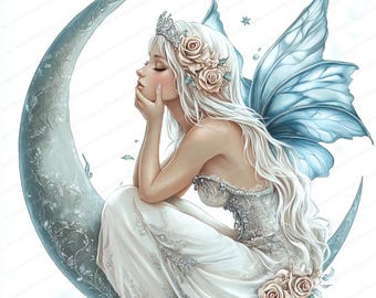 Moon Fairy Images | 20 High Quality JPGs | Printable Watercolor clipart | Digital download | Paper craft | junk journal