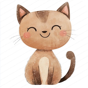 May include: A cartoon illustration of a brown cat with closed eyes and a big smile. The cat is sitting with its tail curled around its body.