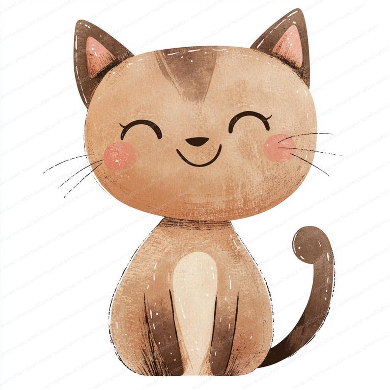 May include: A cartoon illustration of a brown cat with closed eyes and a big smile. The cat is sitting with its tail curled around its body.