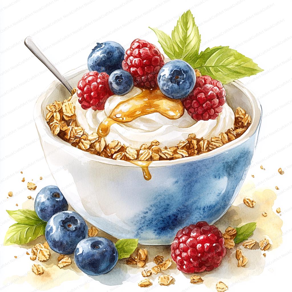 21 Yogurt Granola Honey Clipart | Delicious Breakfast Illustration | Printable Watercolor clipart | High Quality JPGs | Paper craft