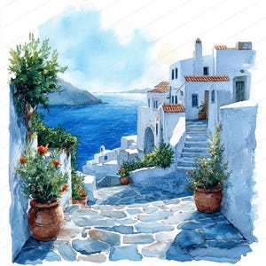 20 maisons blanches des îles grecques | Illustrations de paysages côtiers idylliques | Clipart aquarelle imprimable | JPG de haute qualité | revue