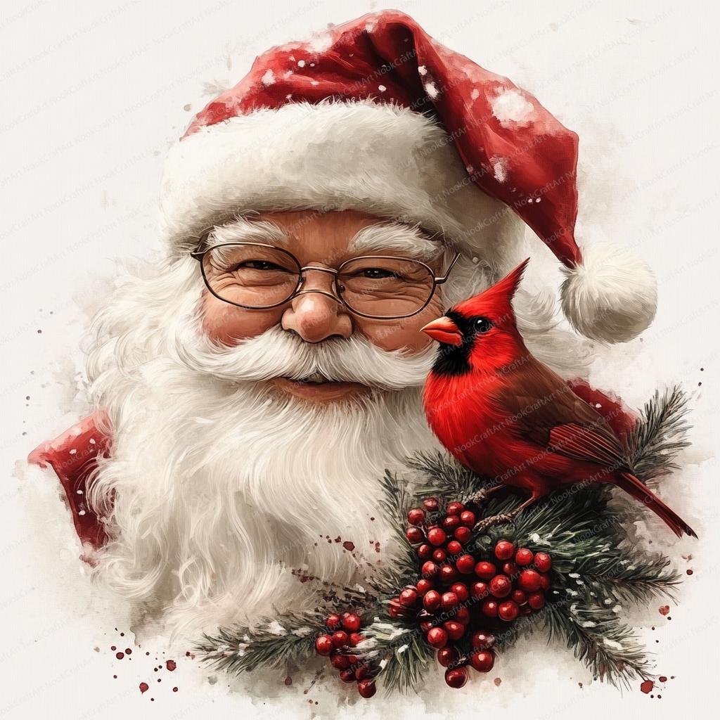14 Vintage Santa With Cardinal Clipart | Printable Watercolor Clipart ...