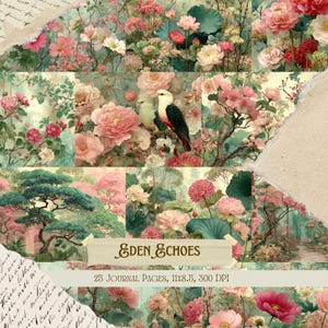 Könnte beinhalten: Eine Collage aus floralen Journalseiten mit Vintage-Ästhetik. Das Design zeigt rosa und weiße Blumen, Vögel und Bäume. Der Text "Eden Echoes" und "25 Journal Pages, 11x8.5, 300 DPI" sind sichtbar.