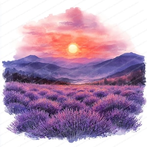 17 lavendelveld zonsondergang clipart | Sereen avondlandschapsontwerp | Afdrukbare aquarel clipart | Hoge kwaliteit JPG's | Junkjournaal