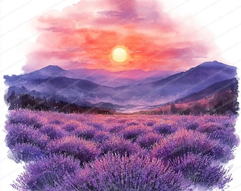 17 ラベンダー畑の夕日のクリップアート | 穏やかな夕方の風景デザイン