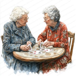 21 joueurs de cartes âgés des cliparts | Illustration de jeu de cartes de femmes âgées | Clipart aquarelle imprimable | JPG de haute qualité | Créations en papier
