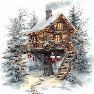 24 Treehouse Christmas Lights Clipart | Festive Holiday Tree Illustration | Printable Watercolor clipart | High Quality JPGs | Paper craft