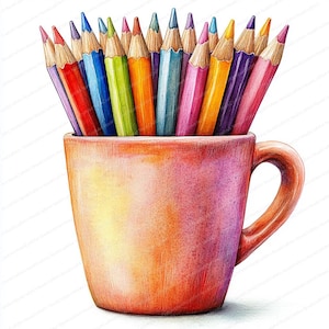 21 kleurpotloden in een beker clipart | Levendige illustratie van kunstbenodigdheden | Afdrukbare aquarel clipart | Hoge kwaliteit JPG's | Junkjournaal