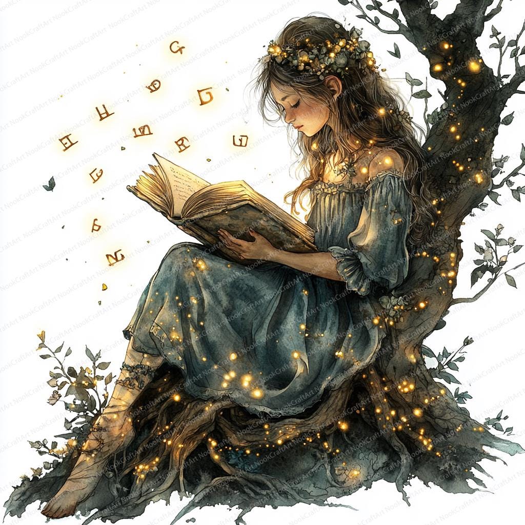 18 妖精と本のイラスト | 魅惑的な読書イラスト | 印刷可能な水彩画の