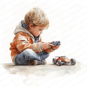 18 リモート コントロール カー クリップアート | おもちゃの車で遊ぶ子供 | 印刷可能な水彩画クリップアート | 高品質 JPG | ペーパー クラフト | ジャーナル