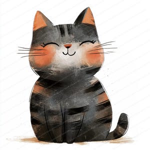 May include: A cartoon illustration of a gray and orange tabby cat with closed eyes and a happy expression. The cat is sitting with its tail curled around its legs.