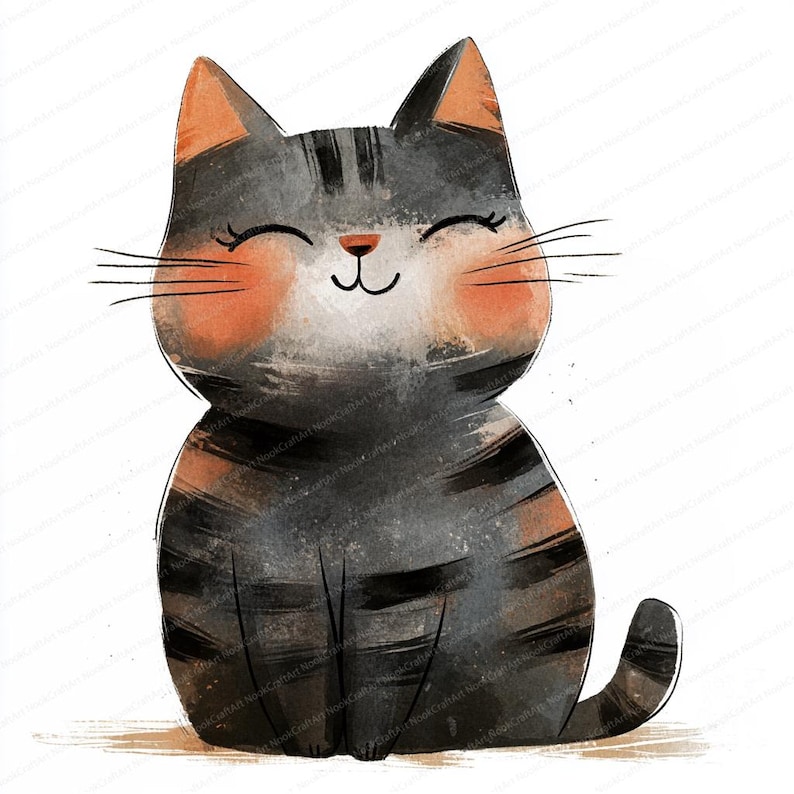 May include: A cartoon illustration of a gray and orange tabby cat with closed eyes and a happy expression. The cat is sitting with its tail curled around its legs.