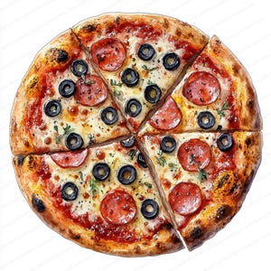 20 Clipart di pizza con prosciutto, formaggio e olive / Illustrazione di cibo italiano delizioso / Clipart acquerello stampabile / JPG di alta qualità / Diario spazzatura