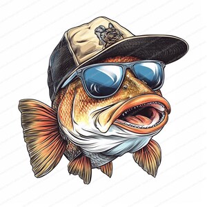 Op de afbeelding: Een cartoonillustratie van een vis die een zonnebril en een baseballpet draagt. De vis heeft een grote mond en oranje vinnen. De baseballpet is beige met een zwarte rand en een klein ontwerp aan de voorkant.