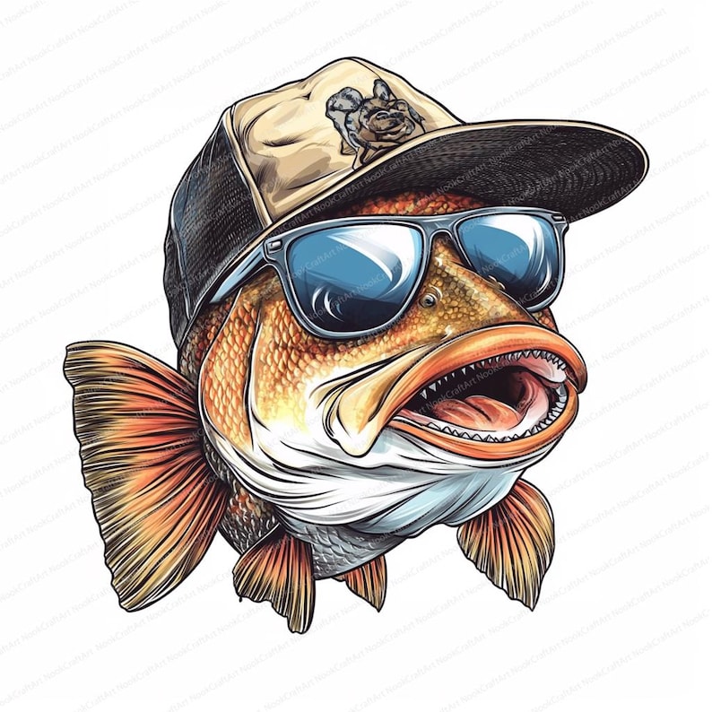 Op de afbeelding: Een cartoonillustratie van een vis die een zonnebril en een baseballpet draagt. De vis heeft een grote mond en oranje vinnen. De baseballpet is beige met een zwarte rand en een klein ontwerp aan de voorkant.