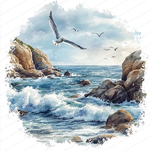 18 Clipart de falaises en bord de mer | Vagues et mouettes majestueuses | Clipart aquarelle imprimable | JPG de haute qualité | Créations artisanales en papier | Journal indésirable
