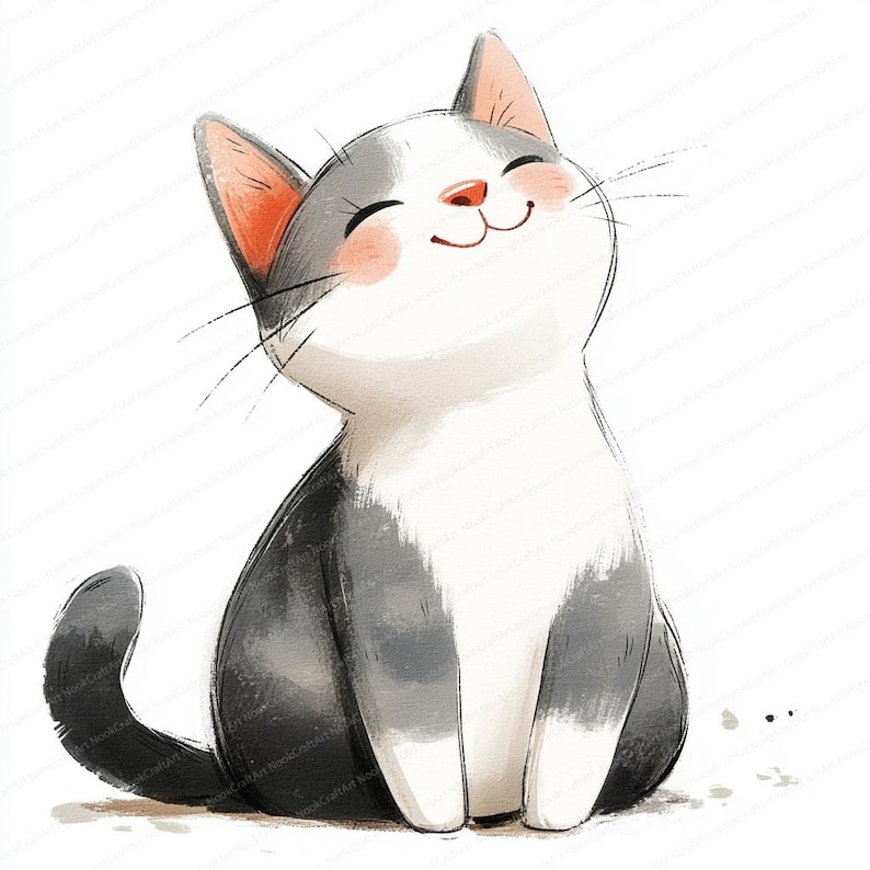 May include: A cute cartoon illustration of a gray and white cat with closed eyes and a big smile. The cat is sitting on a white background.
