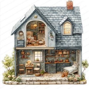 21 Puppenhaus Zimmer Clipart | Detailierte Miniatur Haus Illustrationen | Druckbare Aquarell Clipart | Hochwertige JPGs | Papiermodell | Zeitschrift