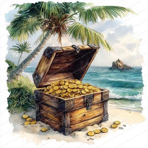 19 Treasure Chest Clipart Under Palm Tree | Beach Gold Illustration Design | Printable Watercolor clipart | High Quality JPGs | Paper craft