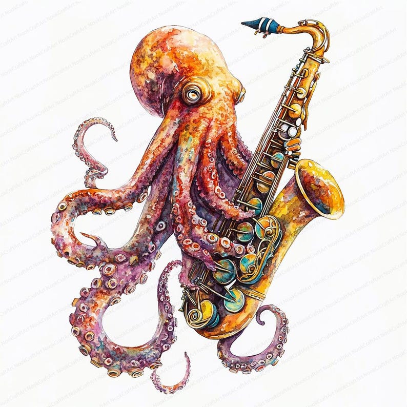 Octopus Playing Instrument 14 Octopus Playing a Musical Instrument Clipart | Melodic Sea Creature ...