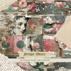 May include: A collage of antique fresco journal pages with a distressed, vintage aesthetic. The design features floral and portrait elements in muted pink, green, and beige tones. The text "Antique Fresco" is displayed on a banner.