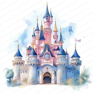 May include: A watercolour painting of a pink and blue castle with multiple towers and spires. The castle has a large, arched entrance and is surrounded by a stone wall. The castle is set against a white background with a light blue watercolour wash.
