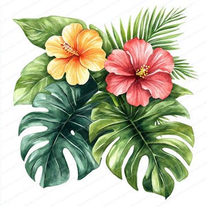 Puede incluir: Pintura acuarela de flores y hojas tropicales. Las flores son hibiscos amarillos y rosas. Las hojas son verdes y tienen un ambiente tropical.