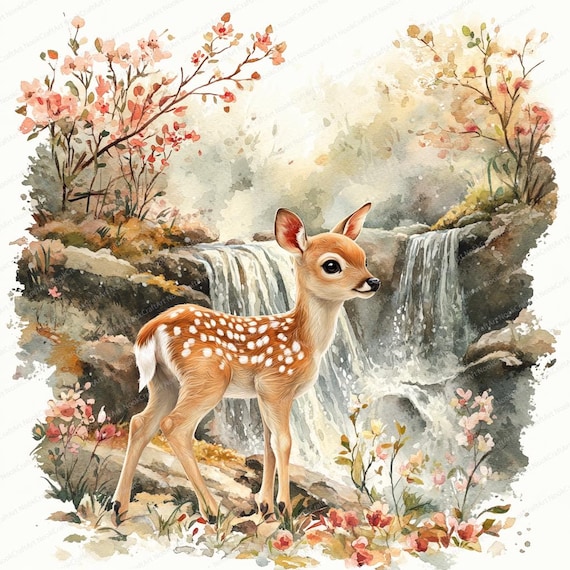 20 春の滝の鹿のクリップアート | 自然の風景の中のかわいい子鹿