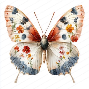 21 vlinder wilde bloemen clipart | Bloemen gevleugeld illustratieontwerp | Afdrukbare aquarel clipart | Hoge kwaliteit JPG's | Papierkunst