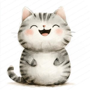 May include: A cute cartoon illustration of a gray and white striped cat with big, happy eyes and a wide smile. The cat is sitting upright with its paws tucked in front of it.
