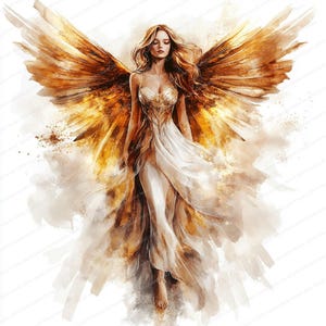 May include: A watercolour painting of an angel with golden wings and a white dress. The angel has long flowing hair and is looking down with a gentle expression.