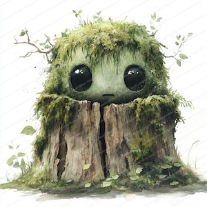 14 Clipart Esprit de la forêt | Leshy jette un coup d'oeil derrière le moignon | Clipart aquarelle imprimable | JPG de haute qualité | Créations artisanales en papier | Journal indésirable